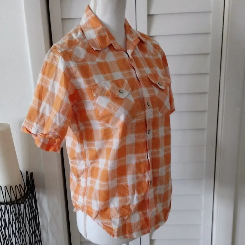 Polo Ralph Lauren Western orange plaid‎ pearl snap button closure short sleeve M